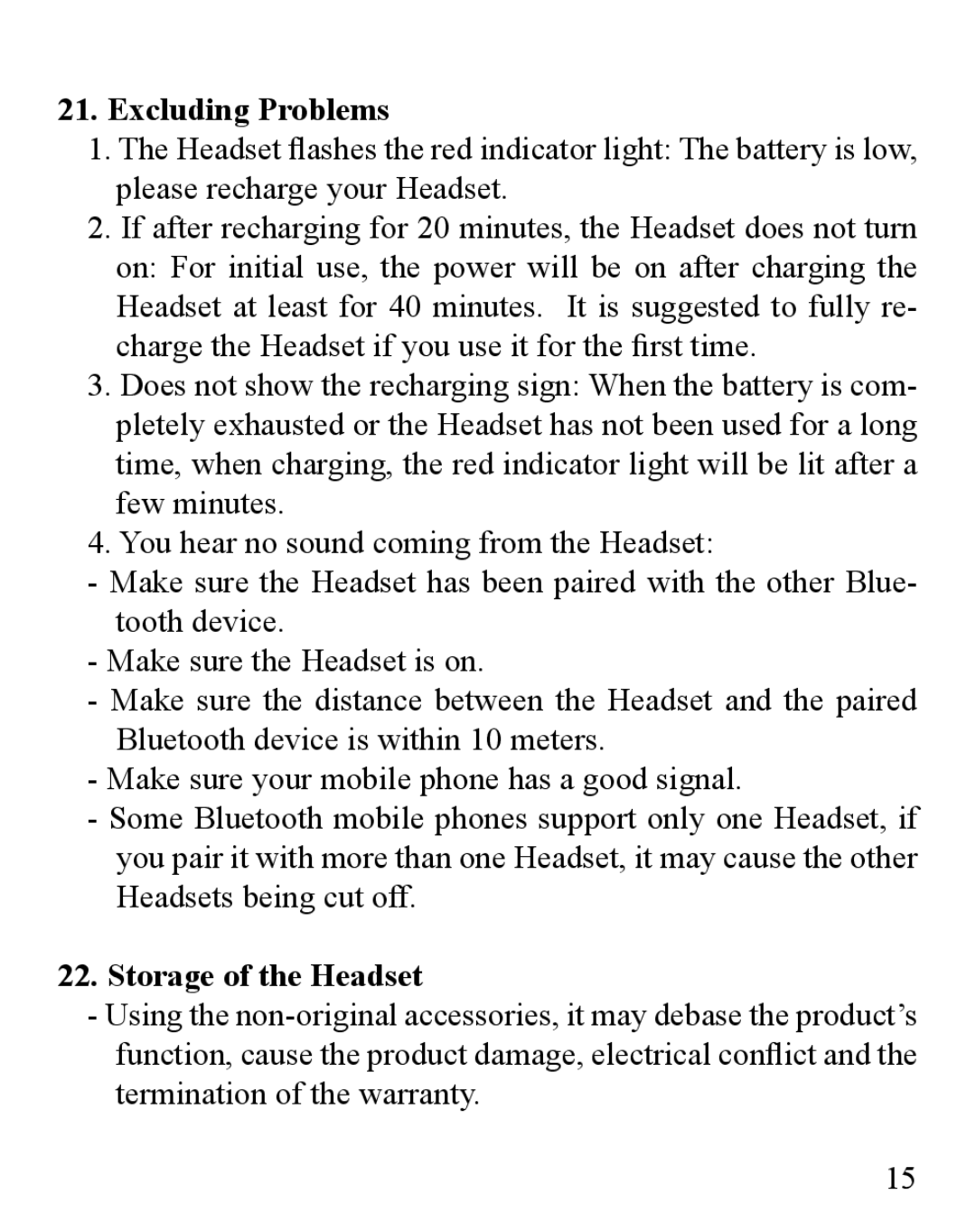 Huey Chiao HCB12 manual Excluding Problems, Storage of the Headset 