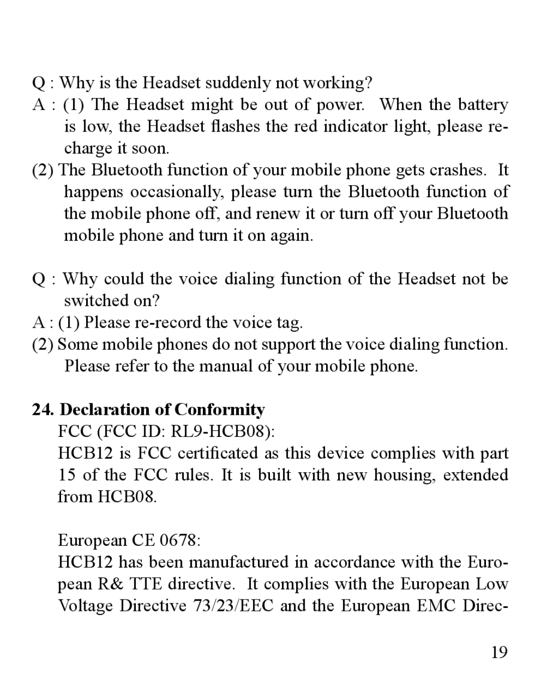 Huey Chiao HCB12 manual Declaration of Conformity FCC FCC ID RL9-HCB08 