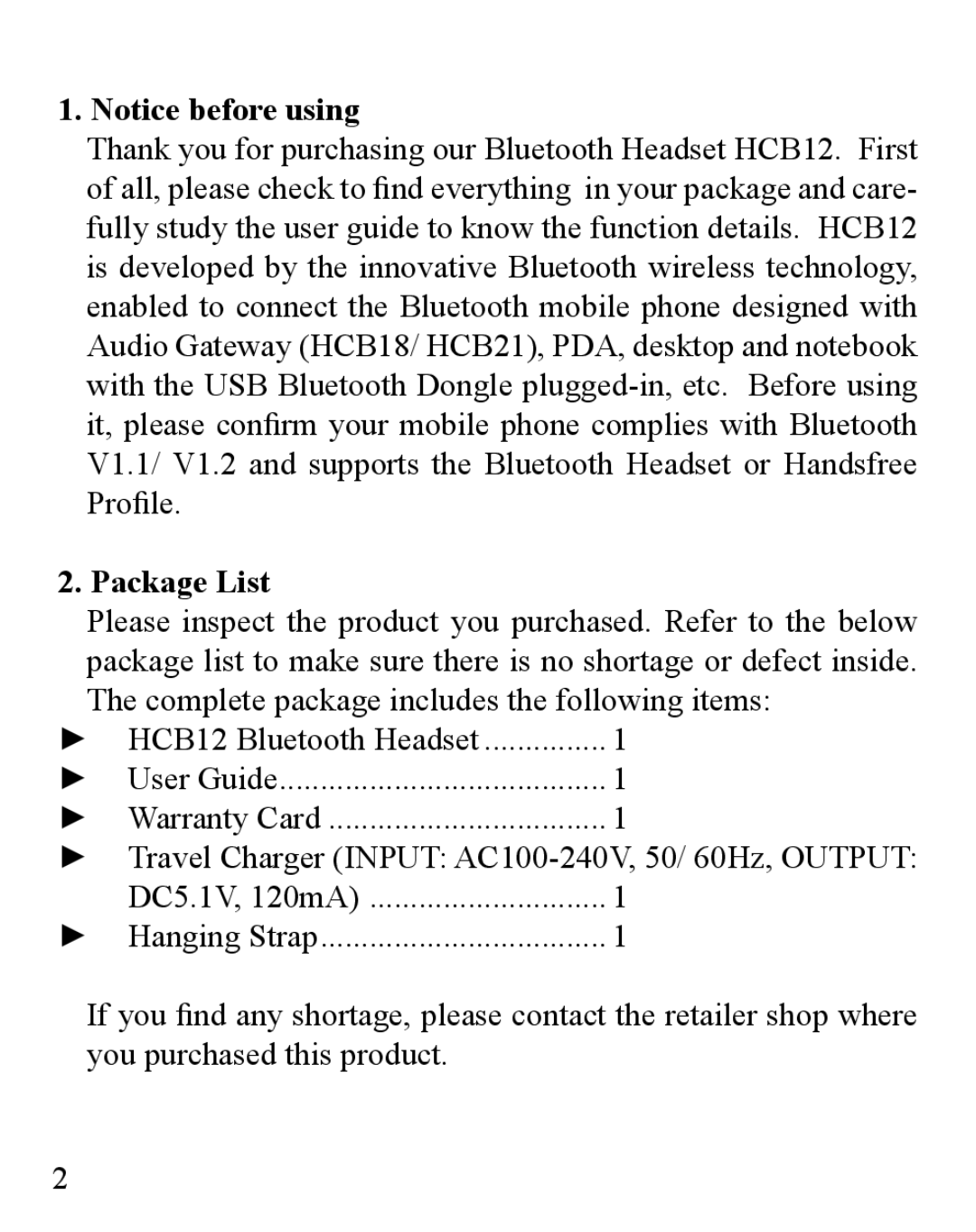 Huey Chiao HCB12 manual Package List, Complete package includes the following items, DC5.1V, 120mA 