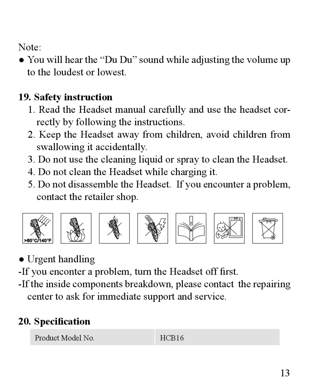 Huey Chiao HCB16 manual Safety instruction, Specification 