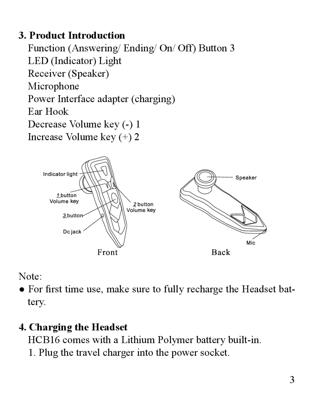 Huey Chiao HCB16 manual Product Introduction, Charging the Headset 