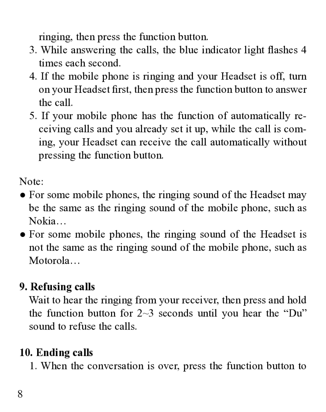 Huey Chiao HCB19 manual Refusing calls, Ending calls 