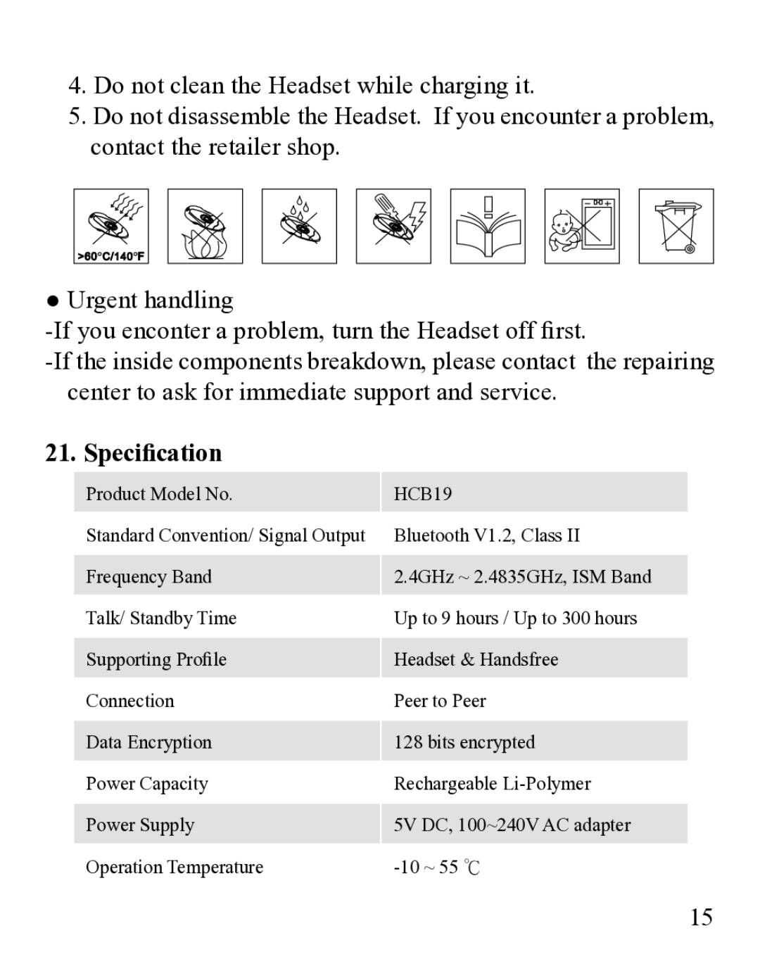 Huey Chiao HCB19 manual Specification 