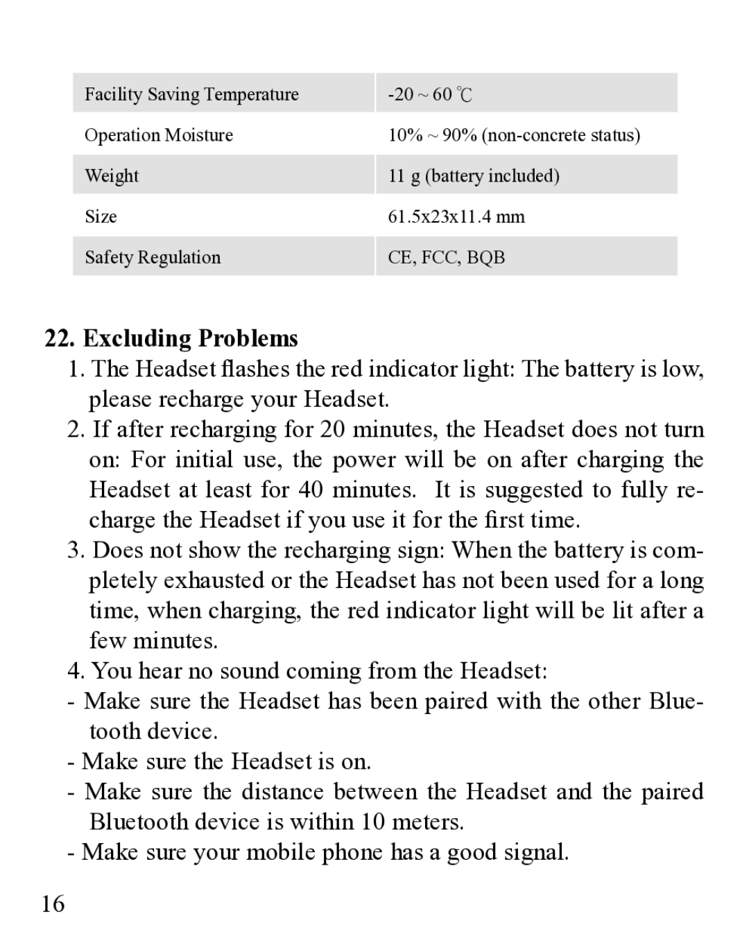 Huey Chiao HCB19 manual Excluding Problems 