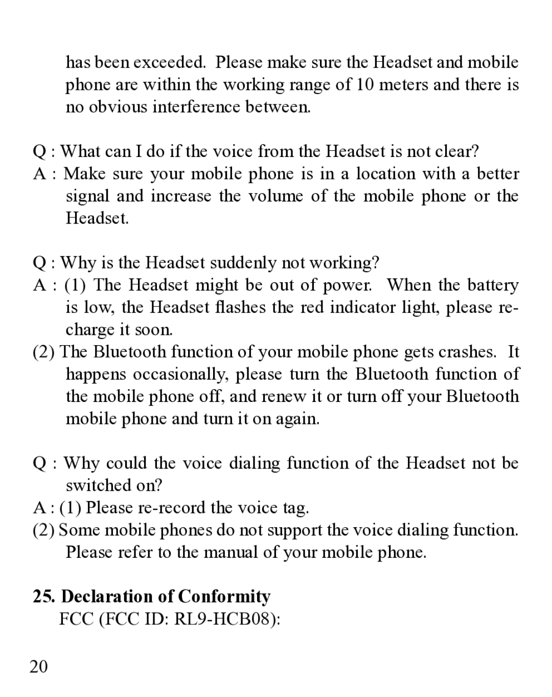 Huey Chiao HCB19 manual Declaration of Conformity FCC FCC ID RL9-HCB08 