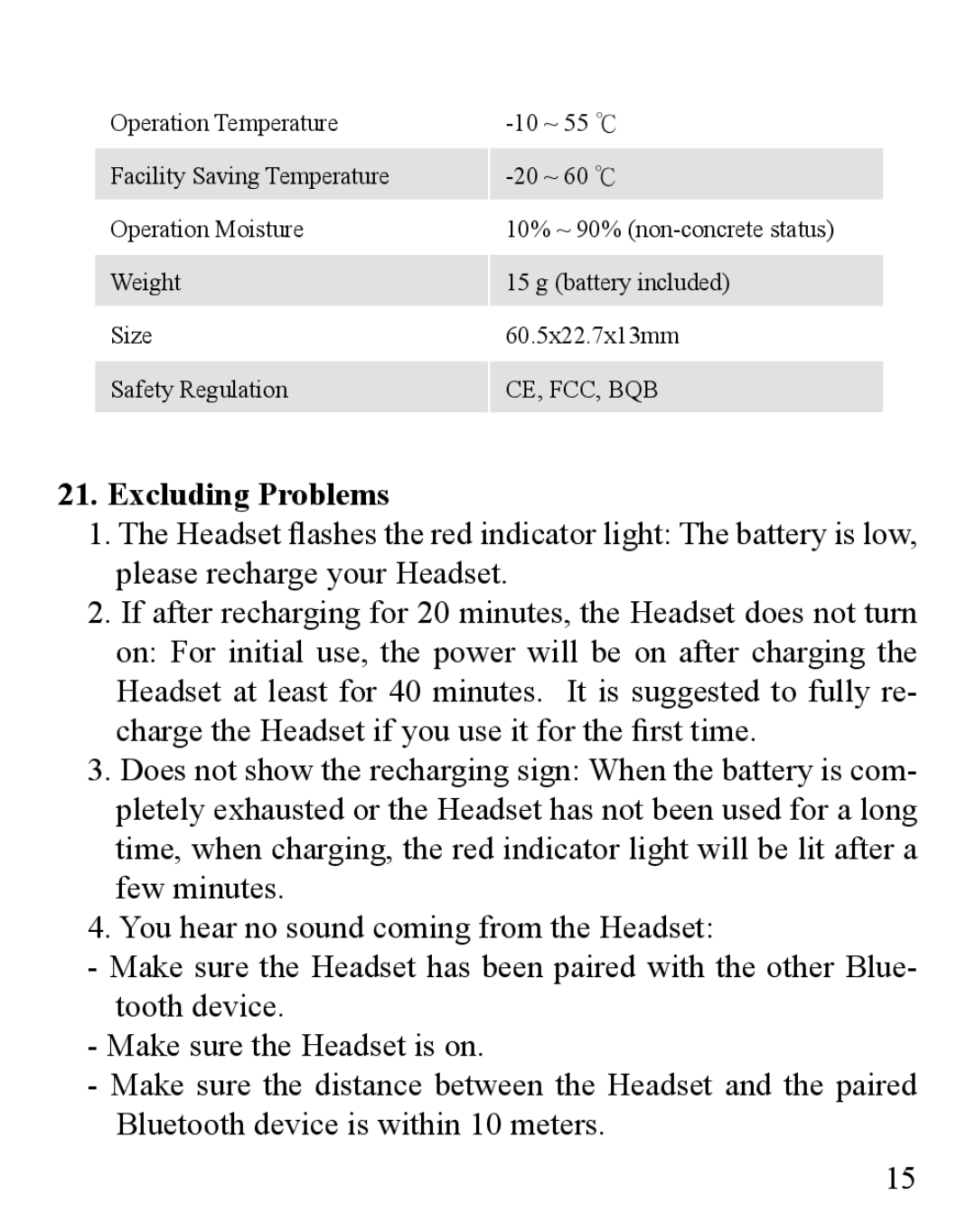 Huey Chiao HCB20 manual Excluding Problems 