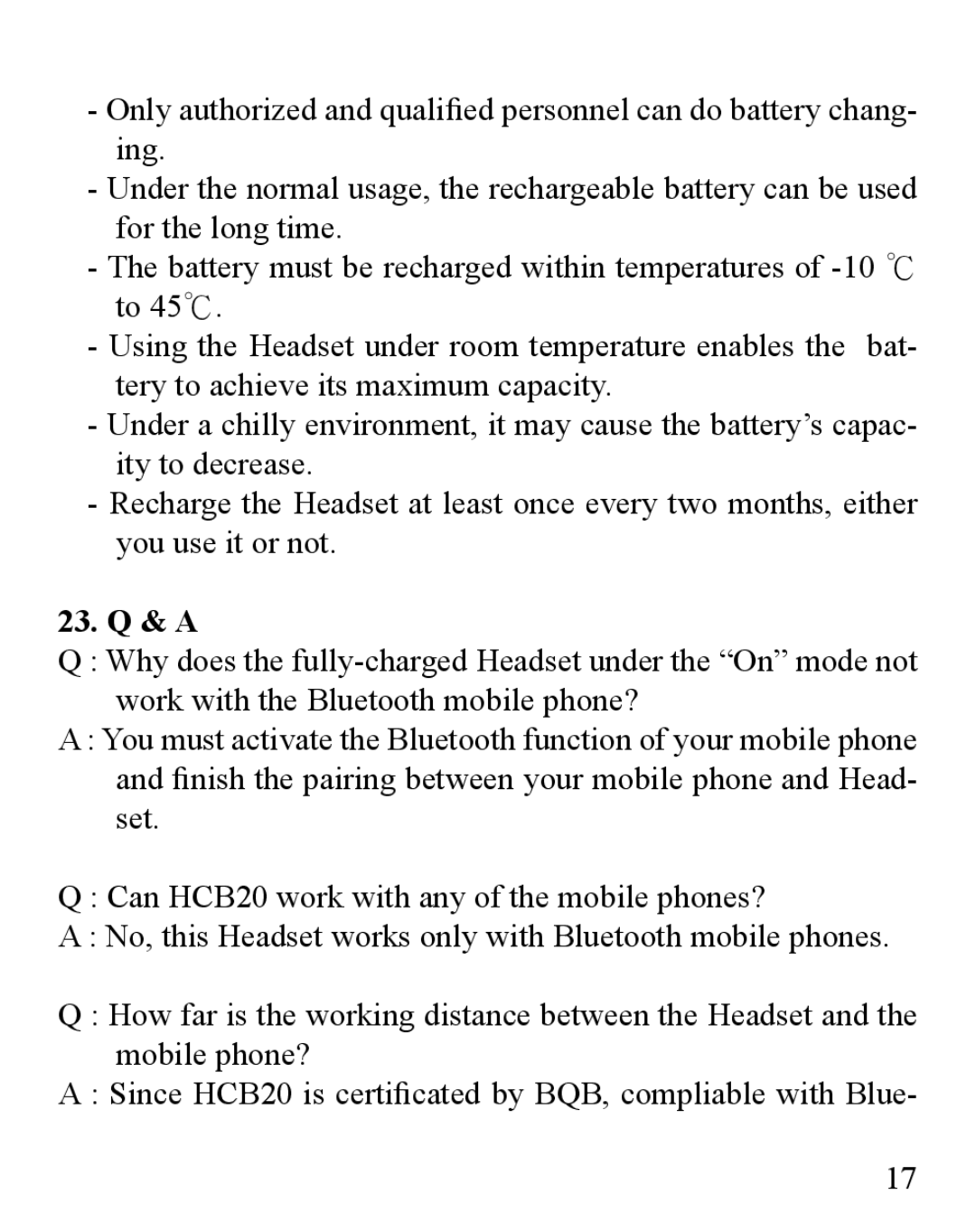 Huey Chiao HCB20 manual 23. Q & a 