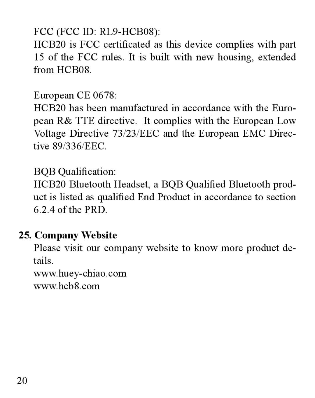 Huey Chiao HCB20 manual FCC FCC ID RL9-HCB08, Company Website 