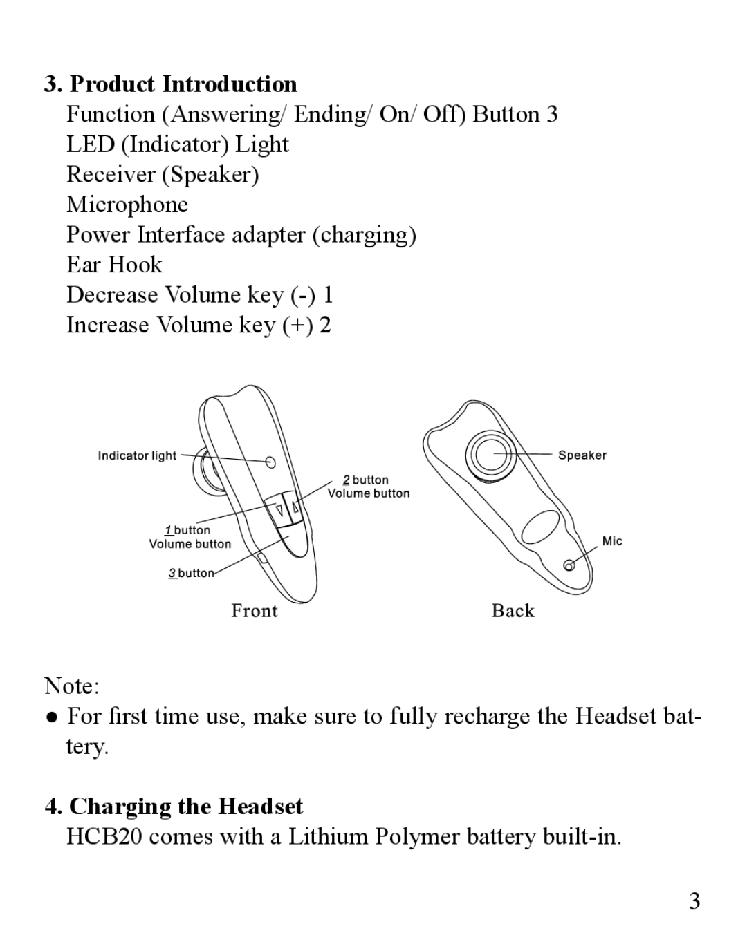 Huey Chiao HCB20 manual Product Introduction, Charging the Headset 