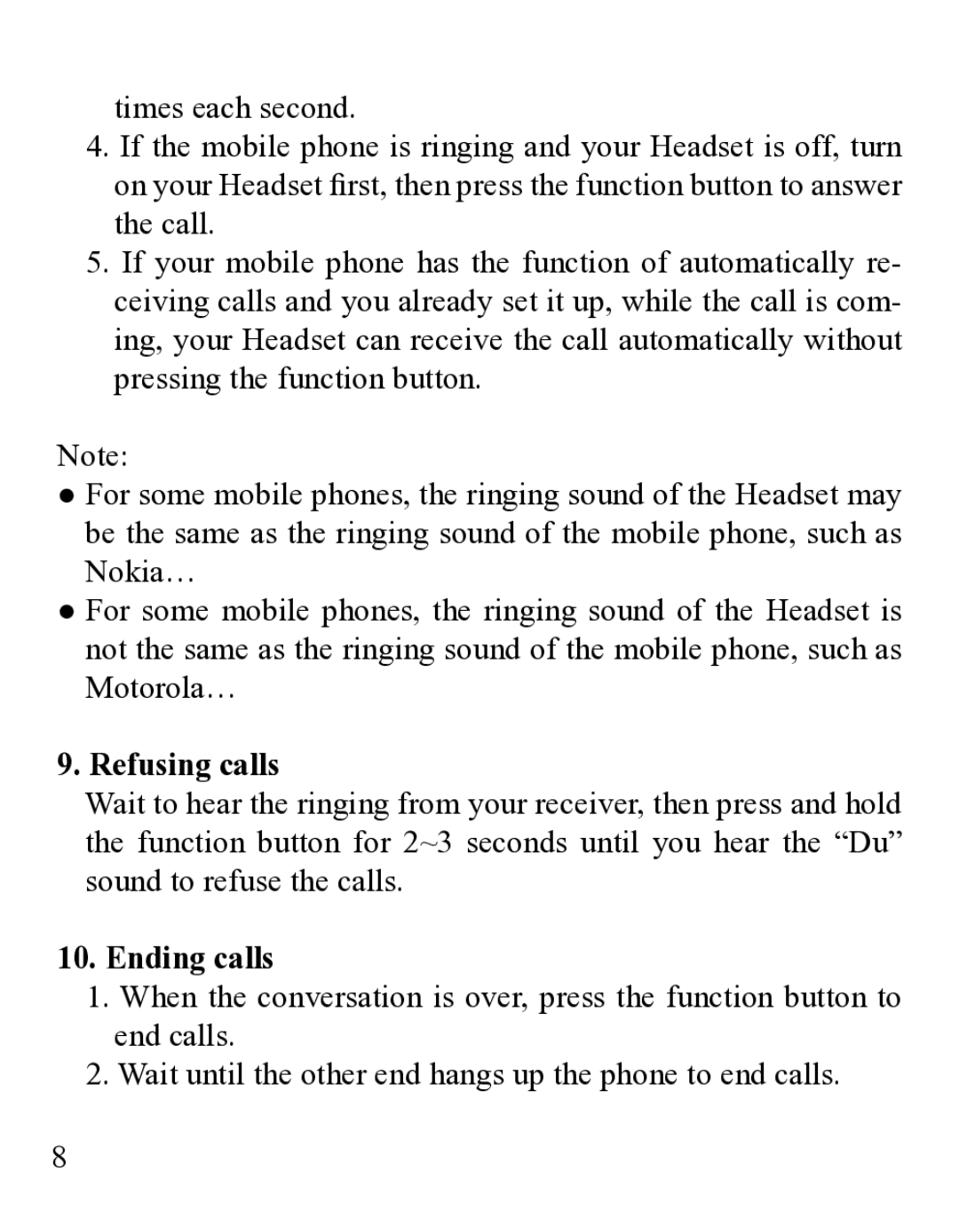 Huey Chiao HCB25 manual Refusing calls, Ending calls 