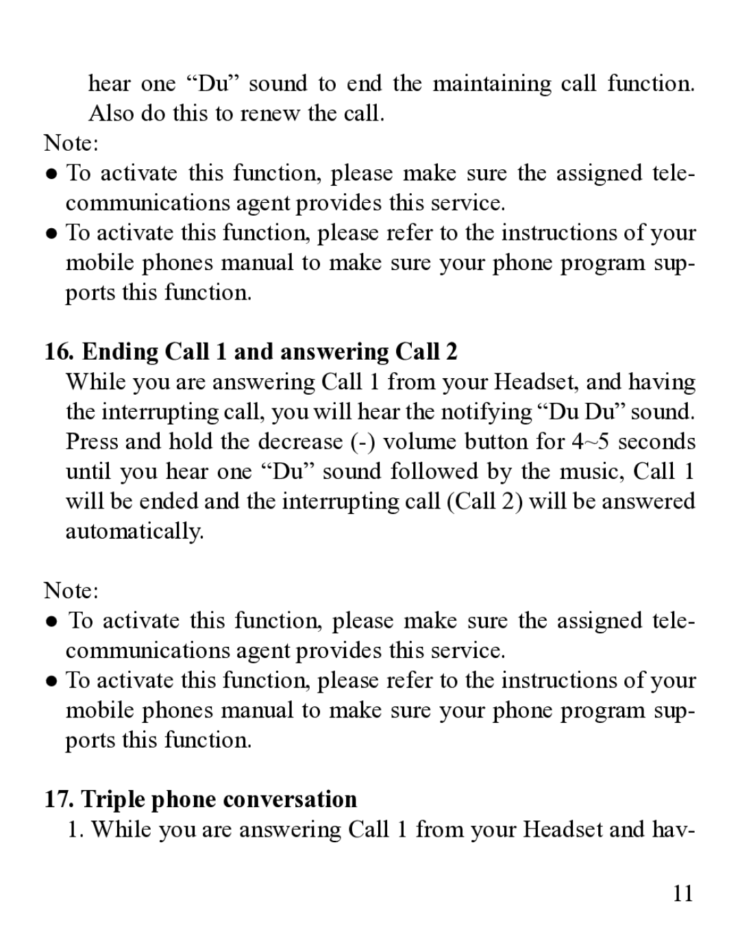 Huey Chiao HCB25 manual Ending Call 1 and answering Call, Triple phone conversation 