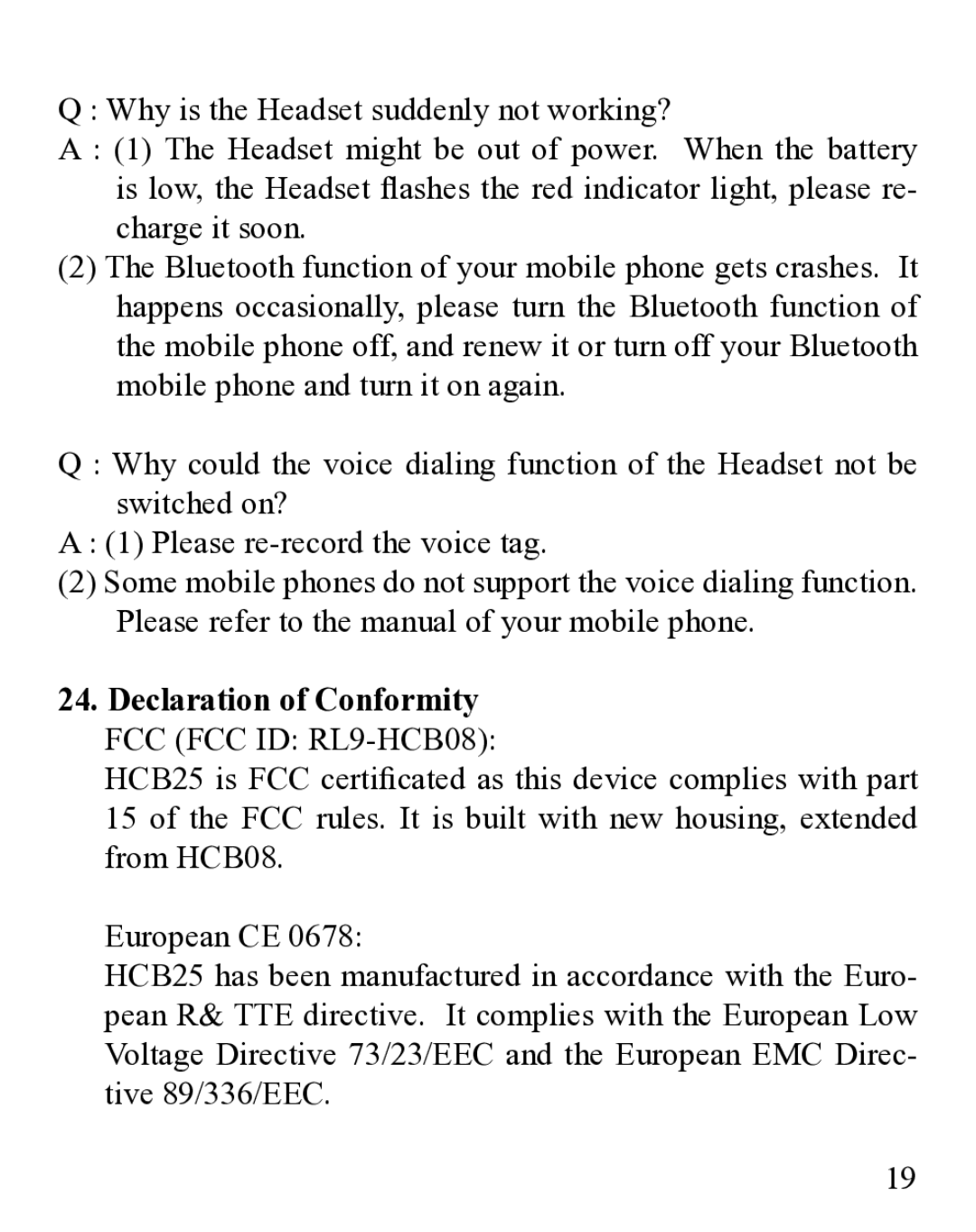 Huey Chiao HCB25 manual Declaration of Conformity FCC FCC ID RL9-HCB08 