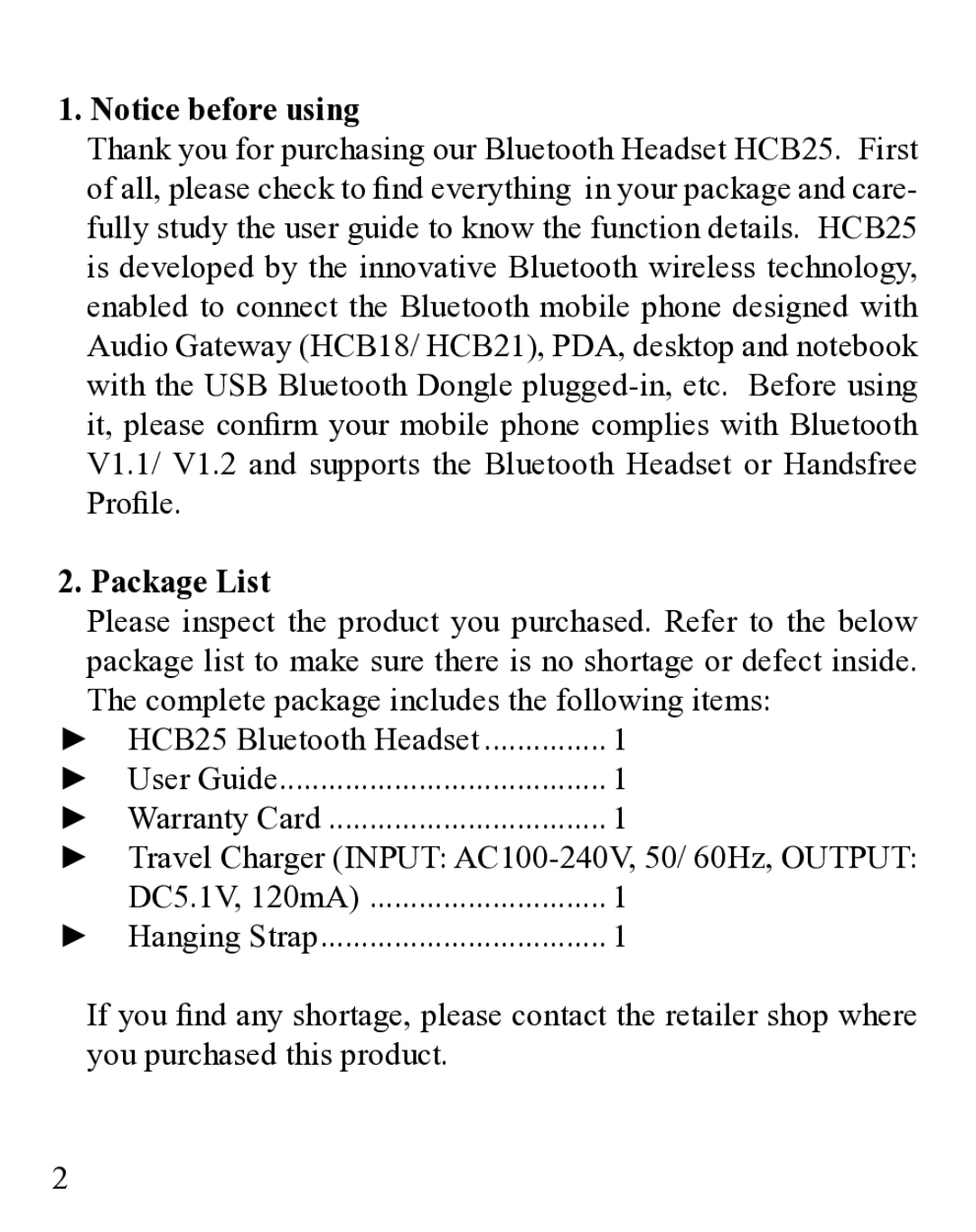 Huey Chiao HCB25 manual Package List, Complete package includes the following items, DC5.1V, 120mA 