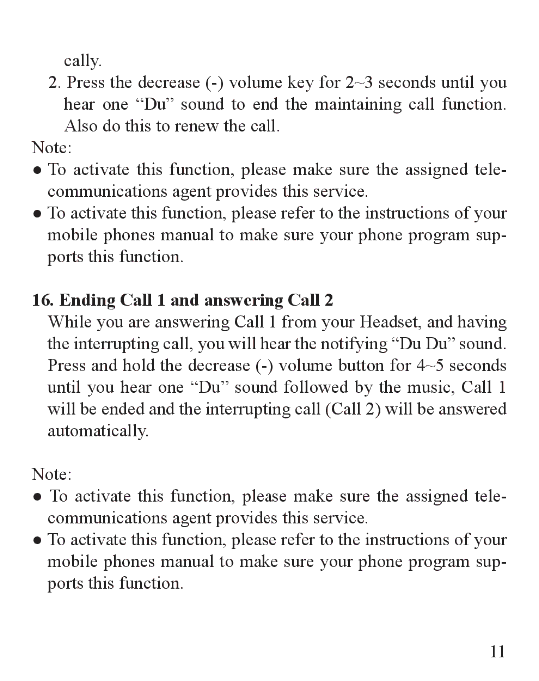 Huey Chiao HCB26 manual Cally, Ending Call 1 and answering Call 