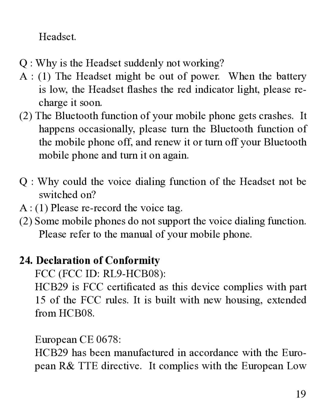 Huey Chiao HCB29 manual Declaration of Conformity FCC FCC ID RL9-HCB08 