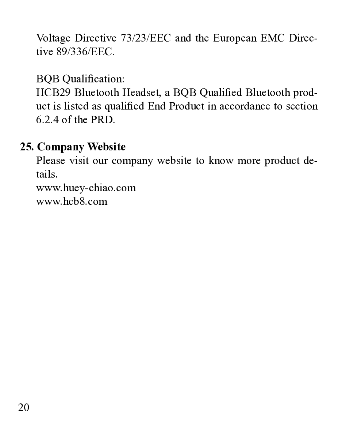 Huey Chiao HCB29 manual Company Website 