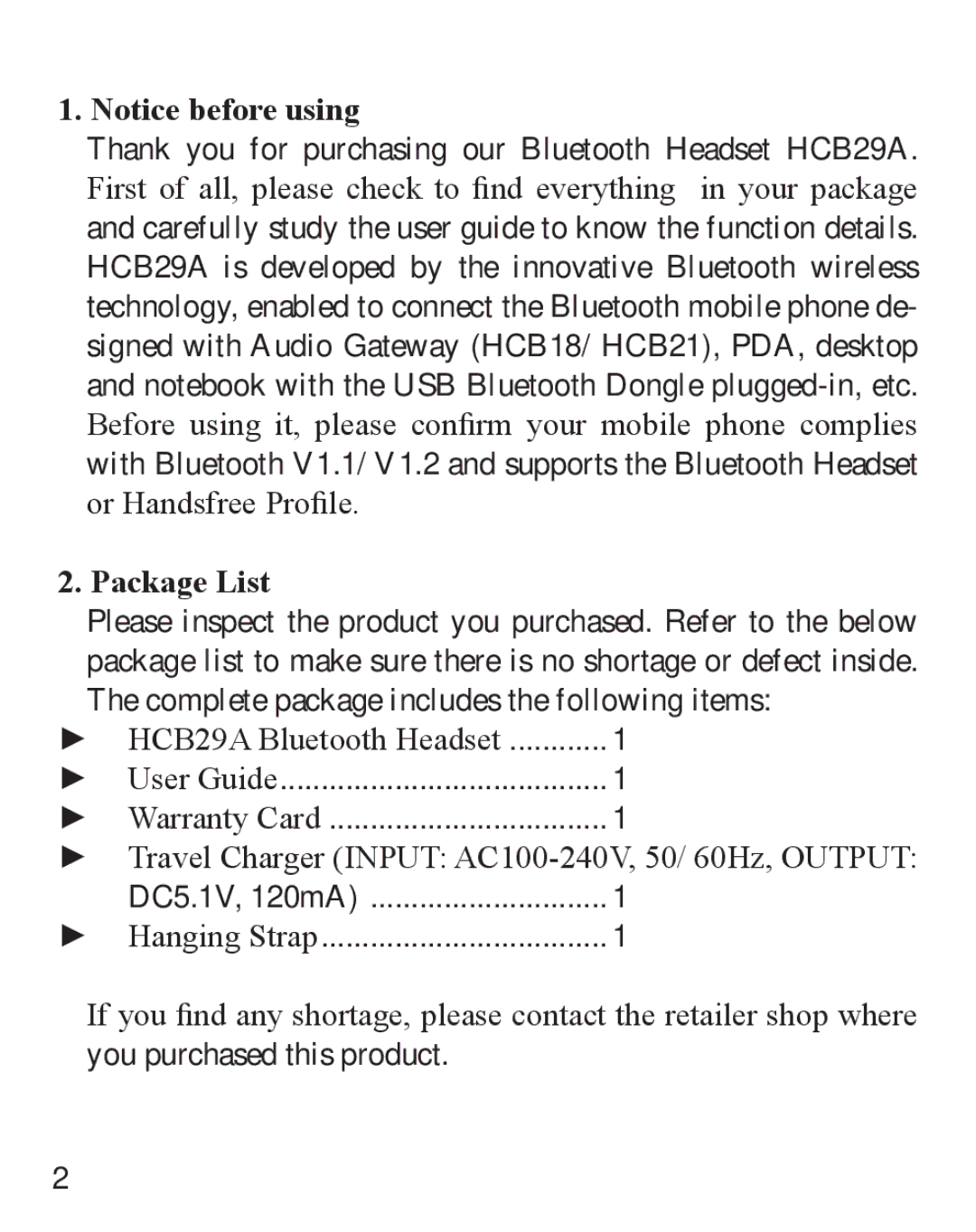 Huey Chiao manual Thank you for purchasing our Bluetooth Headset HCB29A, Package List 