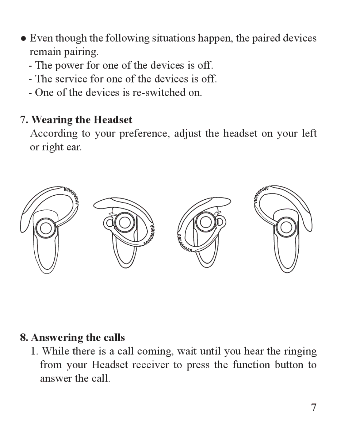 Huey Chiao HCB29A manual Wearing the Headset, Answering the calls 