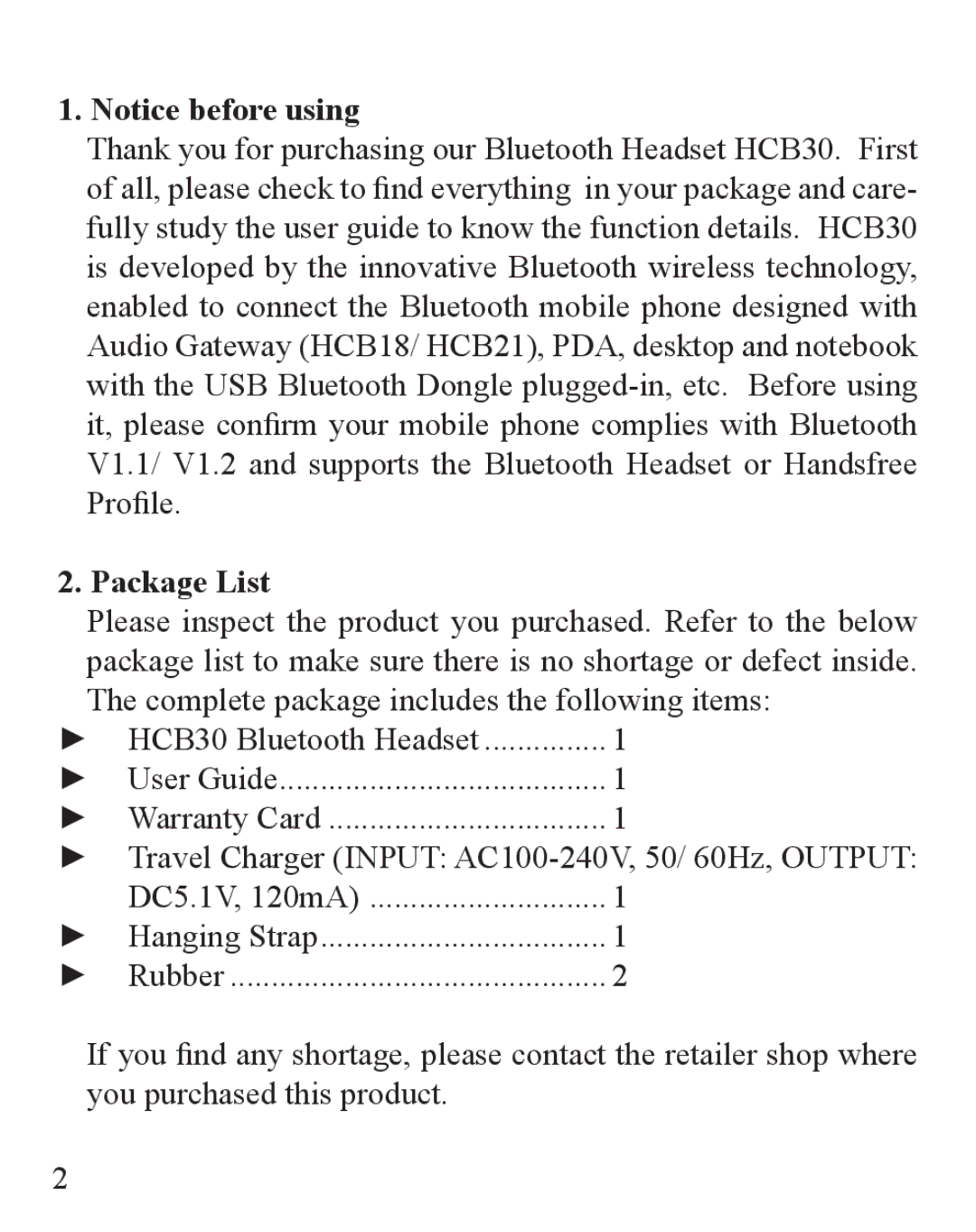 Huey Chiao HCB30 manual Package List, Complete package includes the following items 