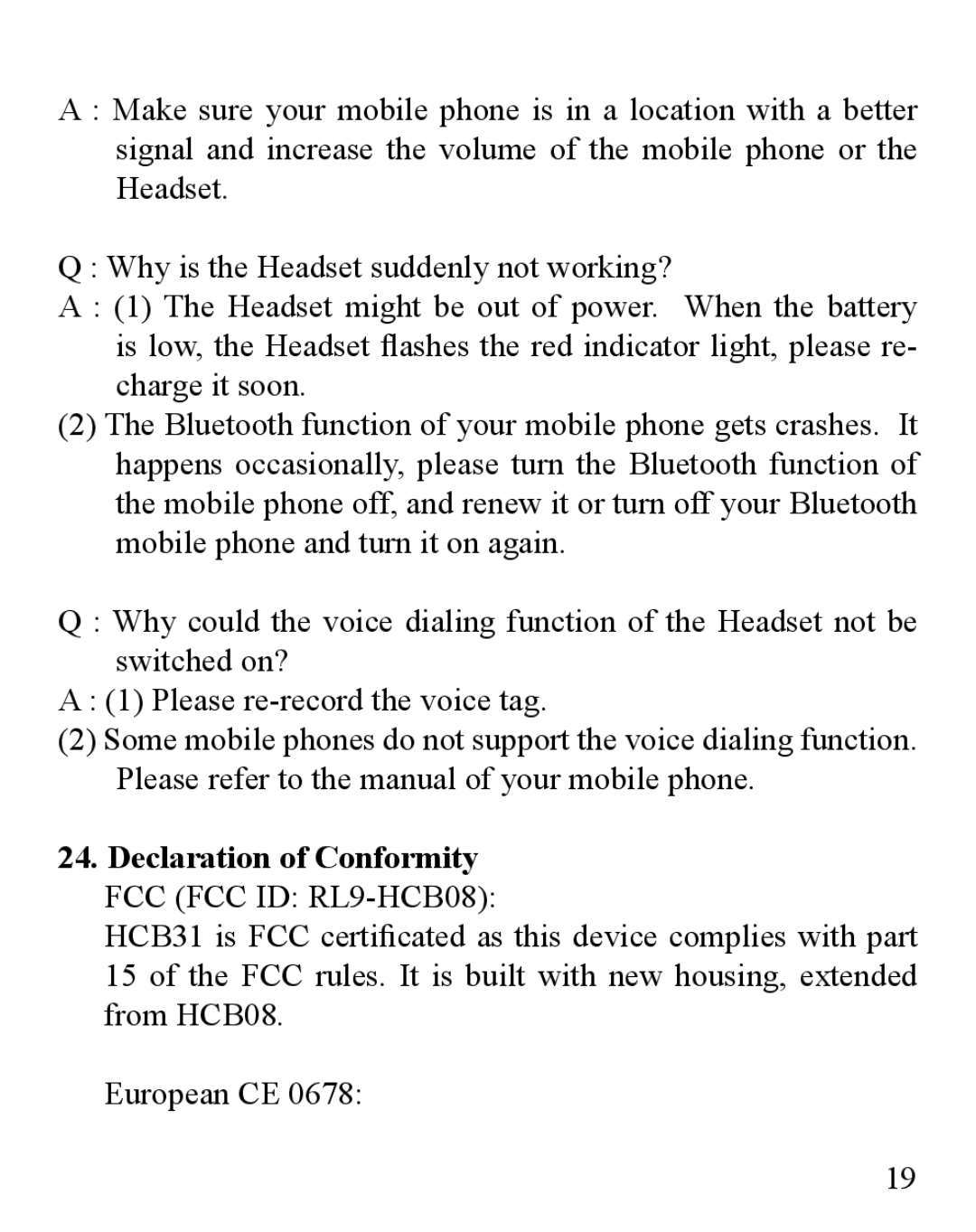 Huey Chiao HCB31 manual Declaration of Conformity FCC FCC ID RL9-HCB08 