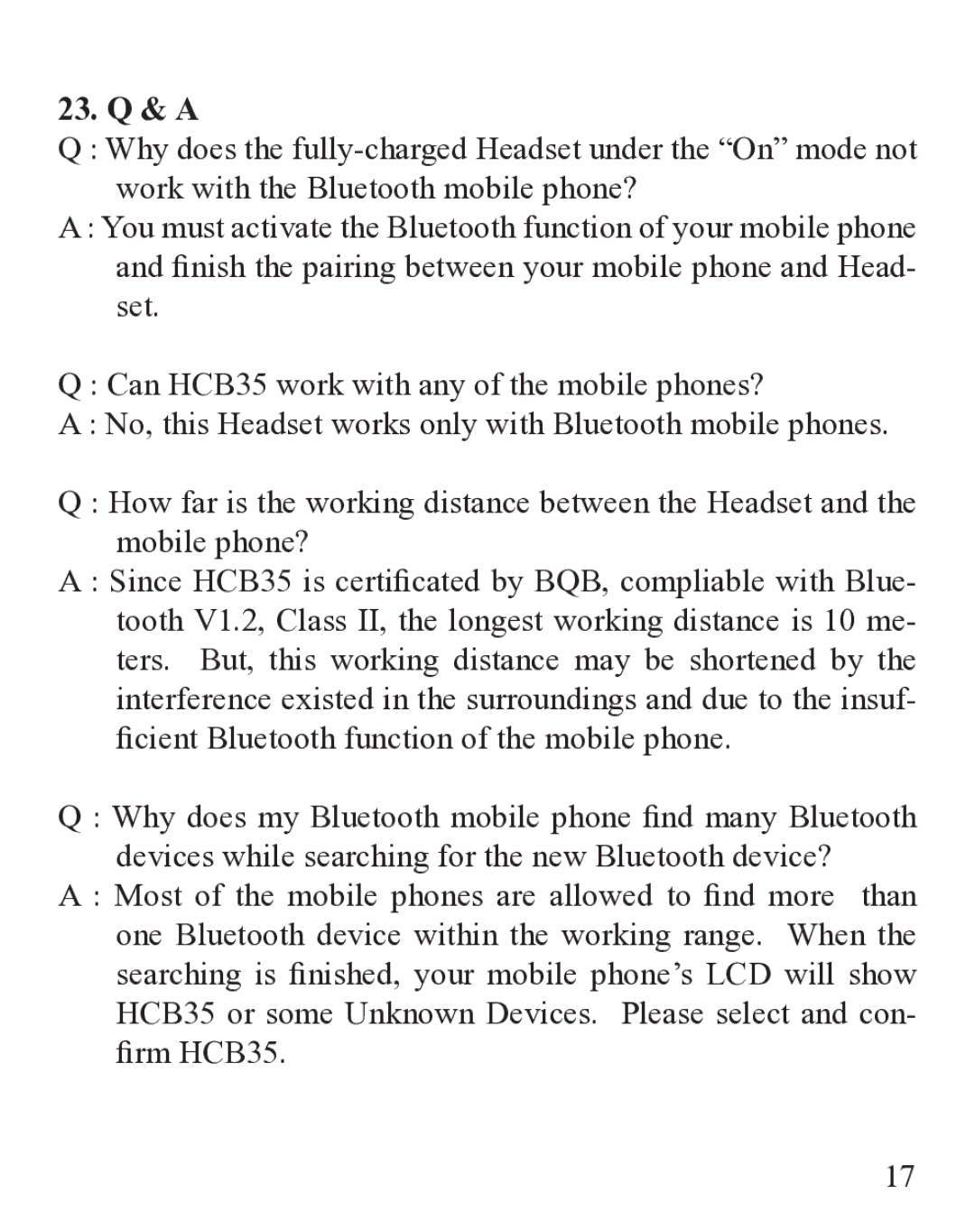 Huey Chiao HCB35 manual 23. Q & a 