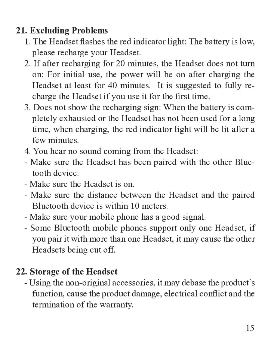 Huey Chiao HCB37 manual Excluding Problems, Storage of the Headset 