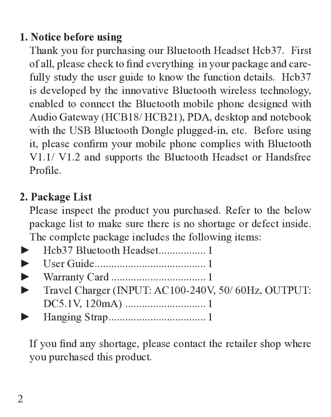 Huey Chiao HCB37 manual Package List, Complete package includes the following items 