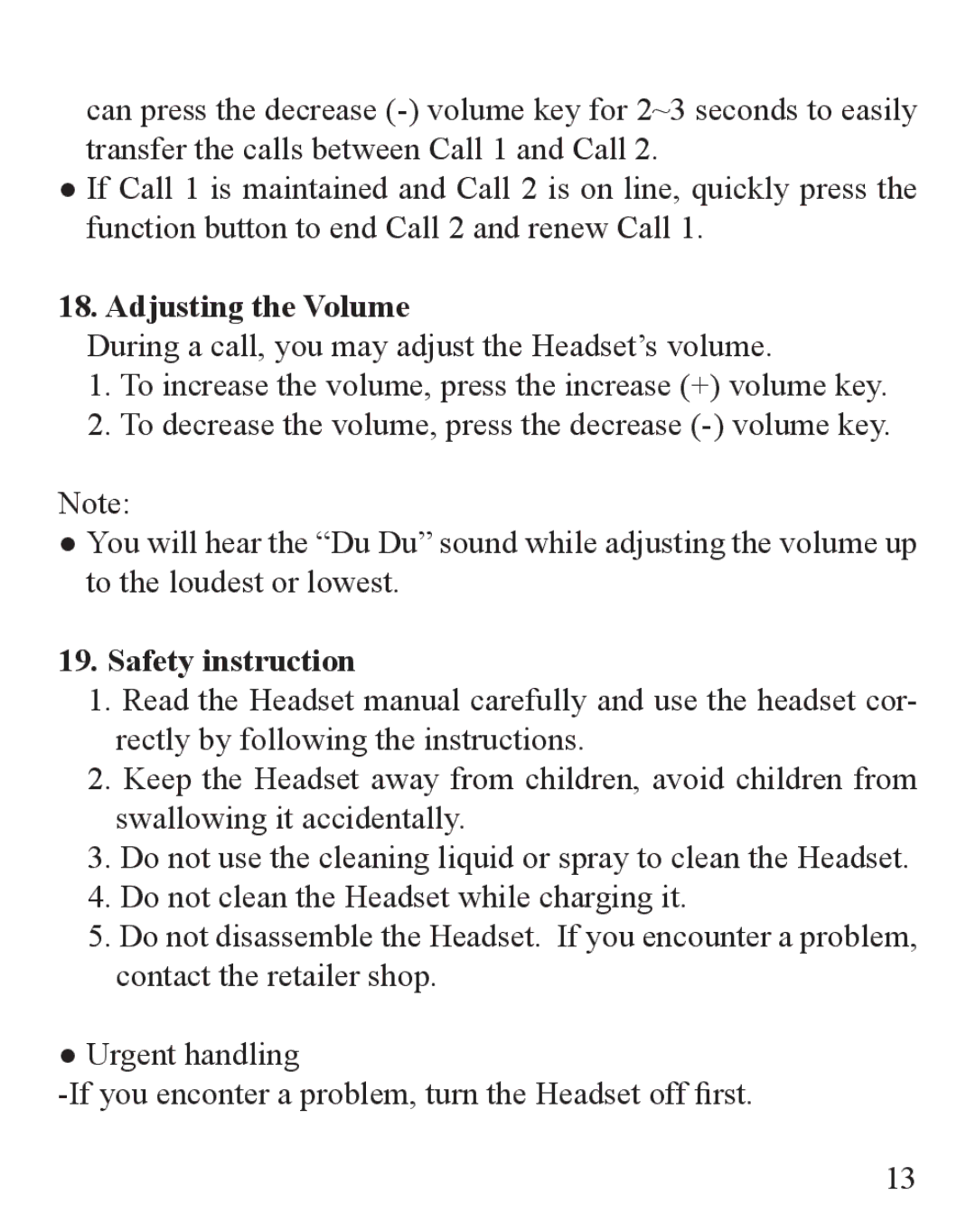 Huey Chiao HCB42 manual Adjusting the Volume, Safety instruction 