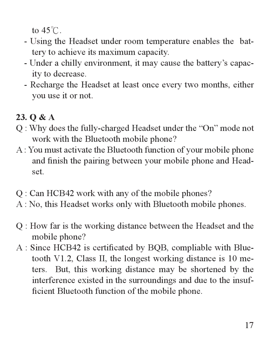 Huey Chiao HCB42 manual 23. Q & a 