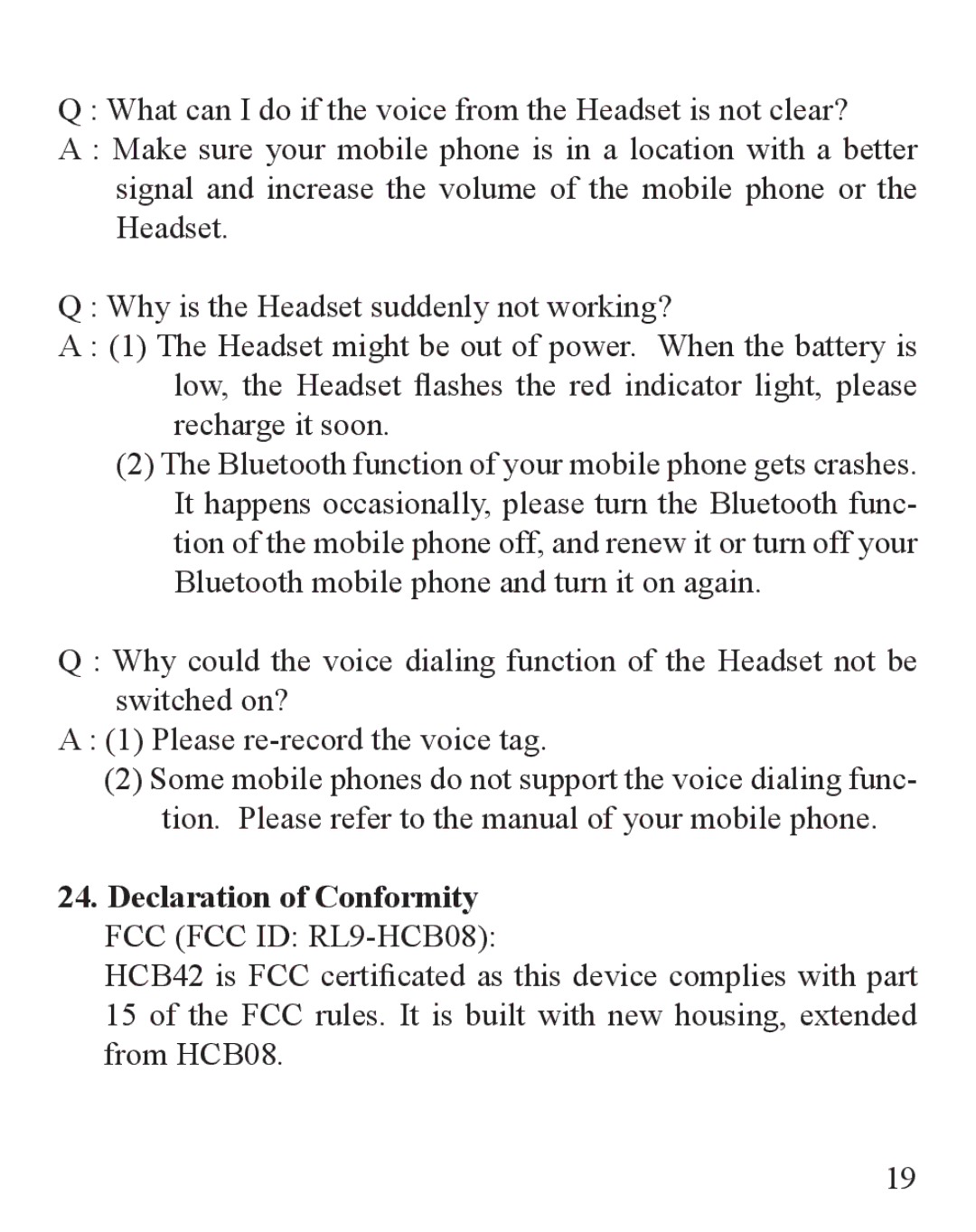 Huey Chiao HCB42 manual Declaration of Conformity FCC FCC ID RL9-HCB08 