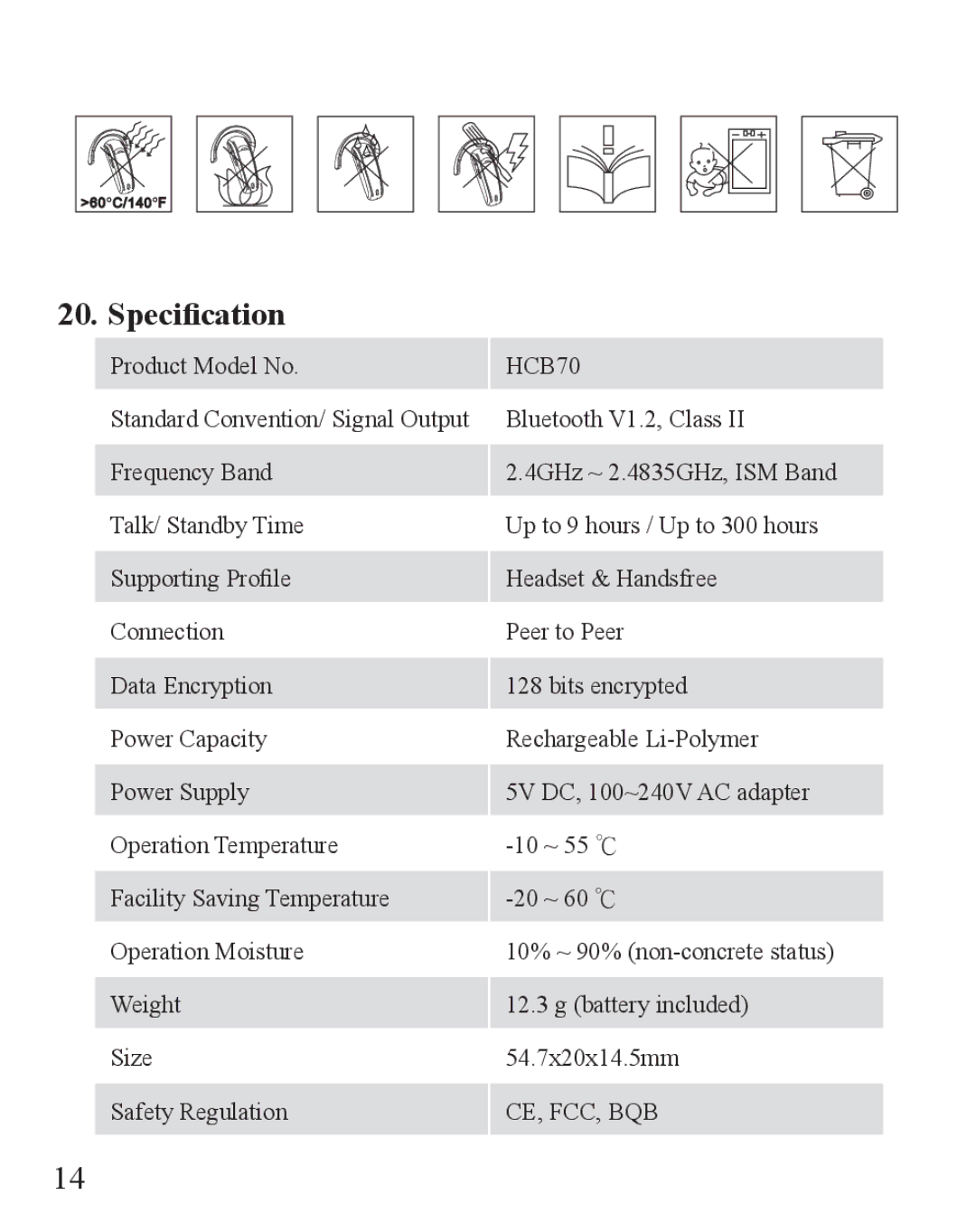 Huey Chiao HCB70 manual Specification 