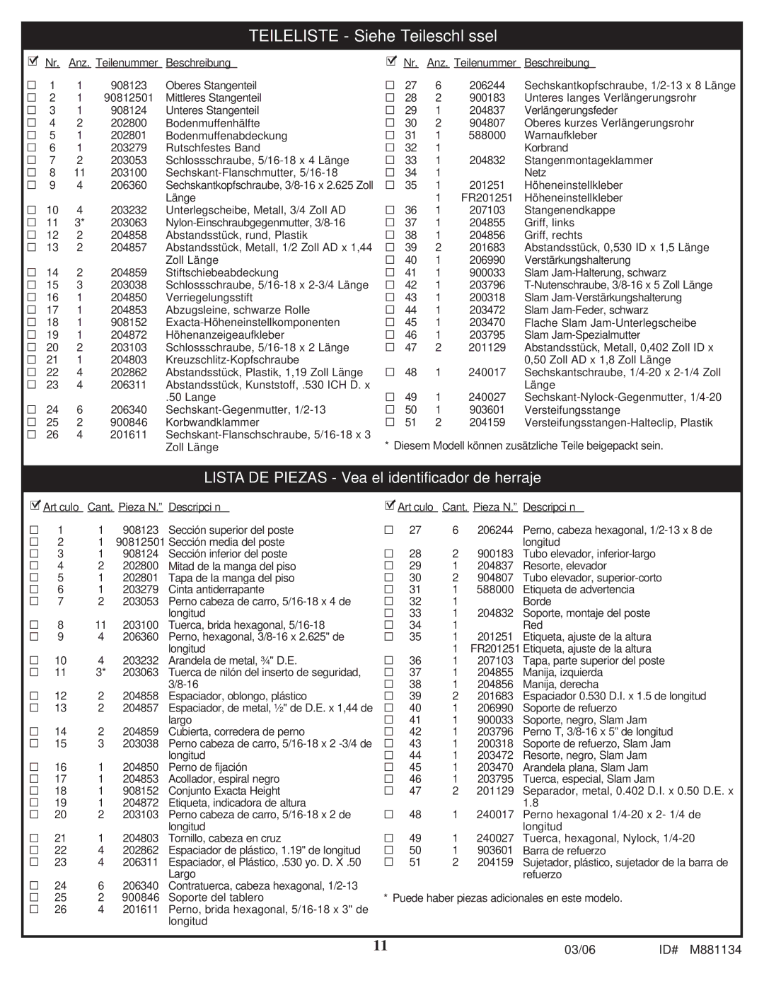 Huffy 1000MXP manual Teileliste Siehe Teileschlüssel 