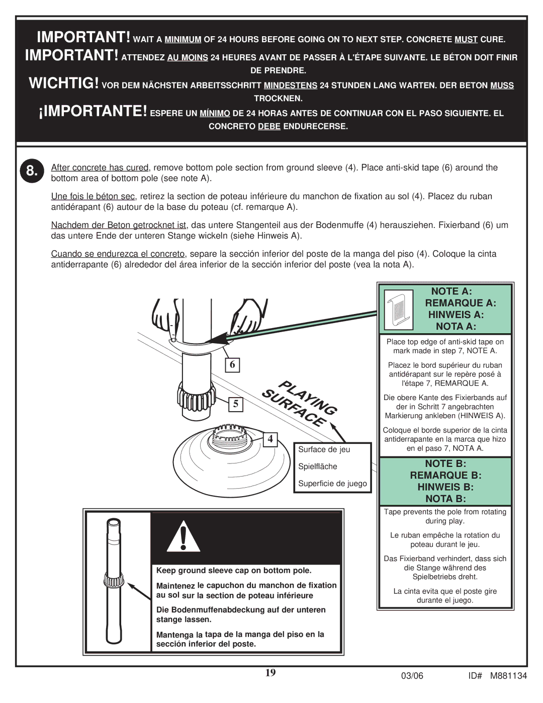 Huffy 1000MXP manual Wichtig ¡IMPORTANTE, Remarque a Hinweis a Nota a, Remarque B Hinweis B Nota B 