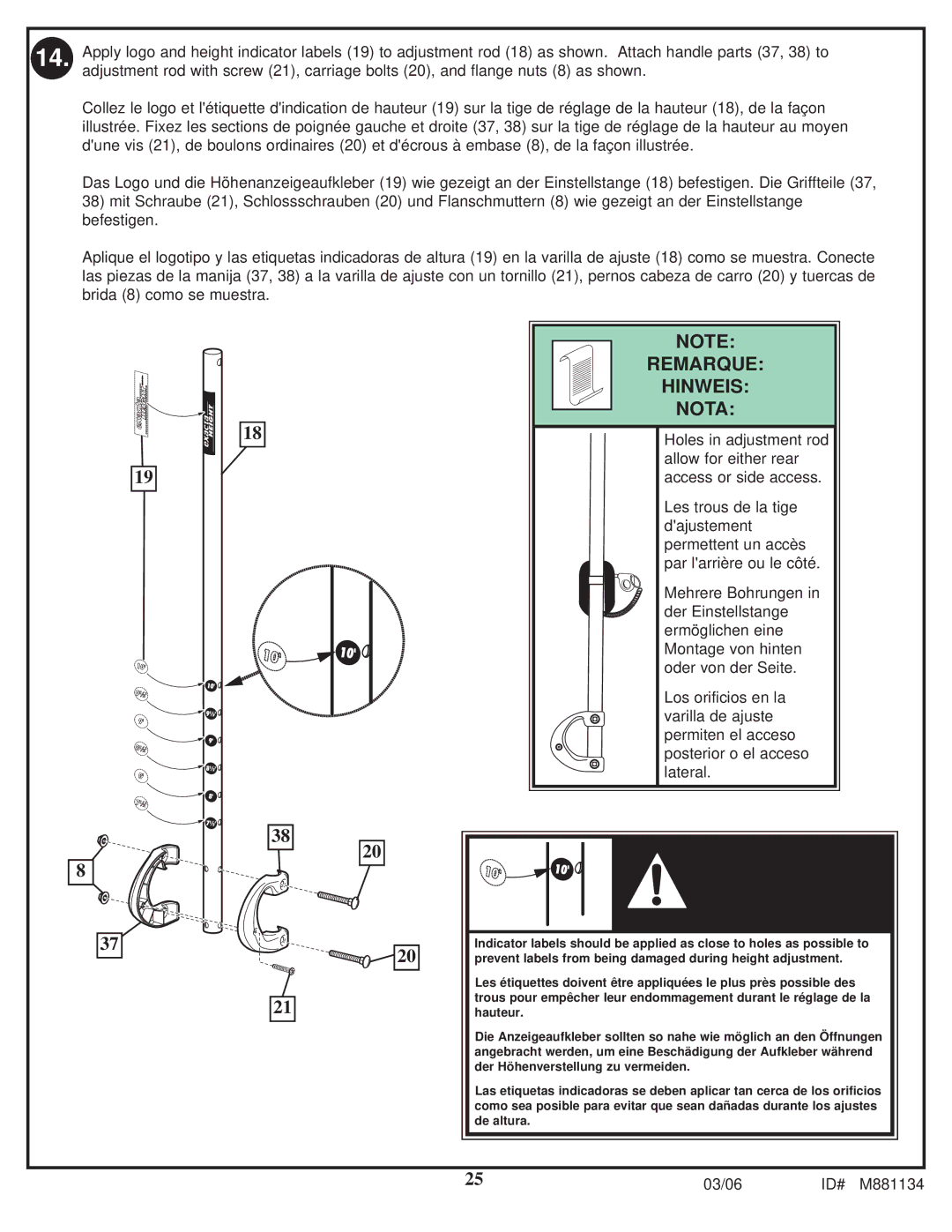 Huffy 1000MXP manual Remarque Hinweis Nota 