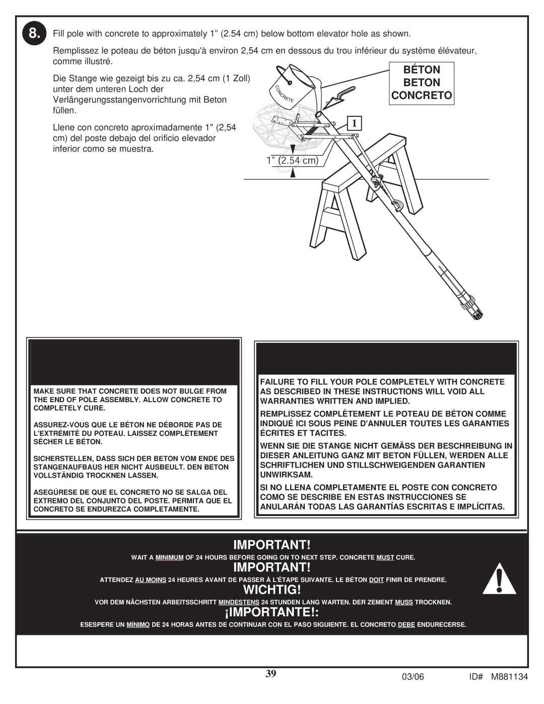 Huffy 1000MXP manual Béton, Beton, Concreto, IMPORTANT! Important WICHTIG! ¡IMPORTANTE 