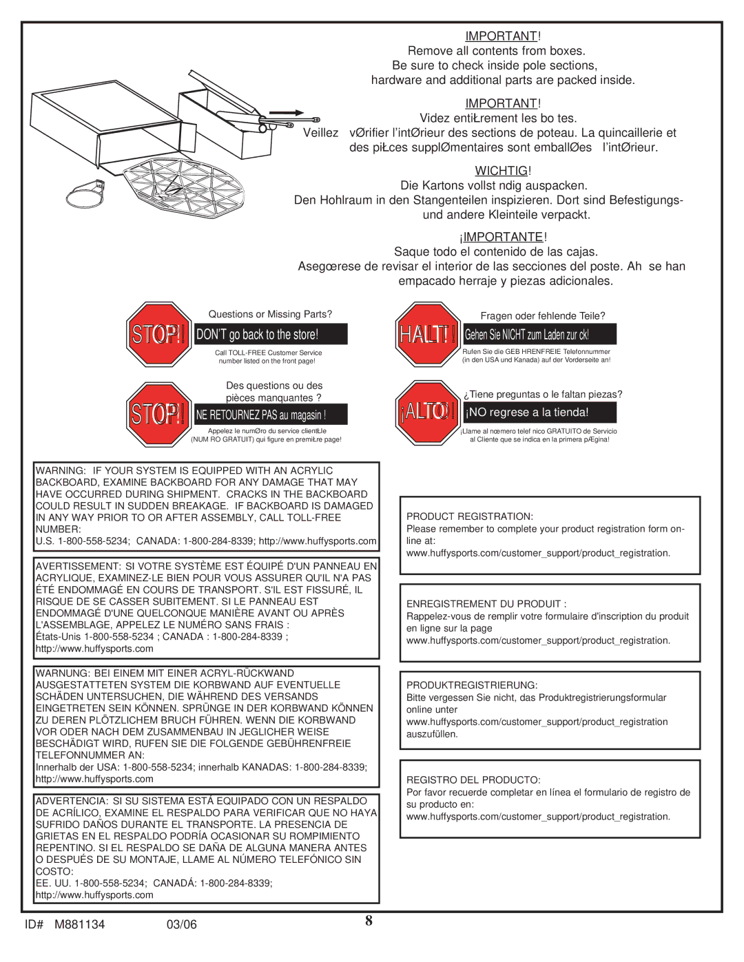 Huffy 1000MXP manual Wichtig, ¡Importante 