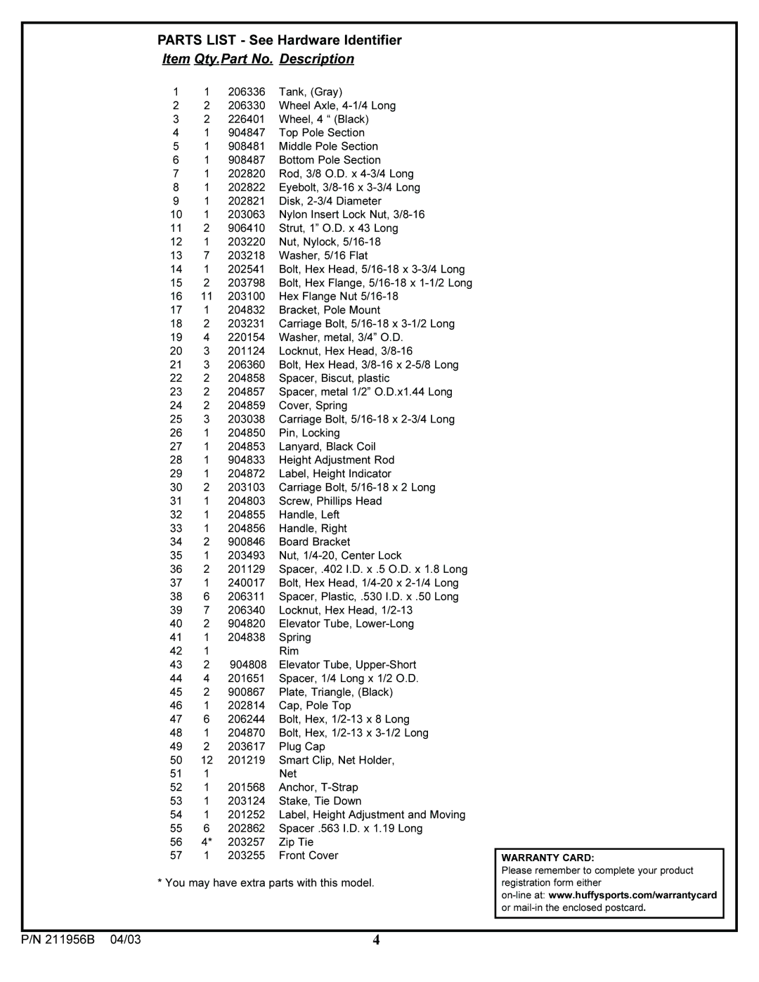 Huffy 104/03P/N211956B manual You may have extra parts with this model 