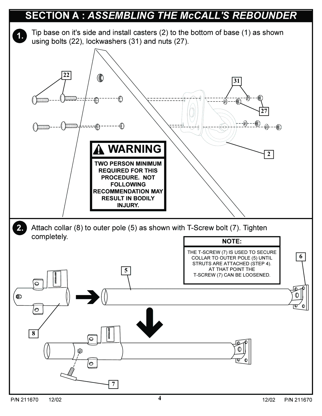 Huffy 1051 manual Section a Assembling the McCALLS Rebounder 