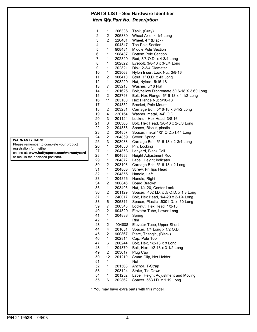 Huffy 111-500 manual Warranty Card 