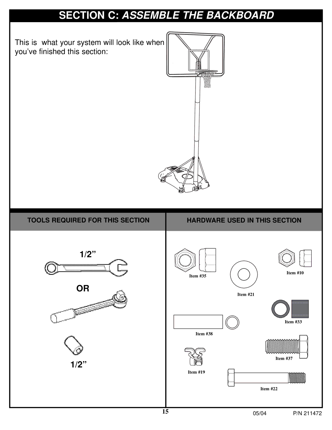 Huffy 11S0057 manual Section C Assemble the Backboard 