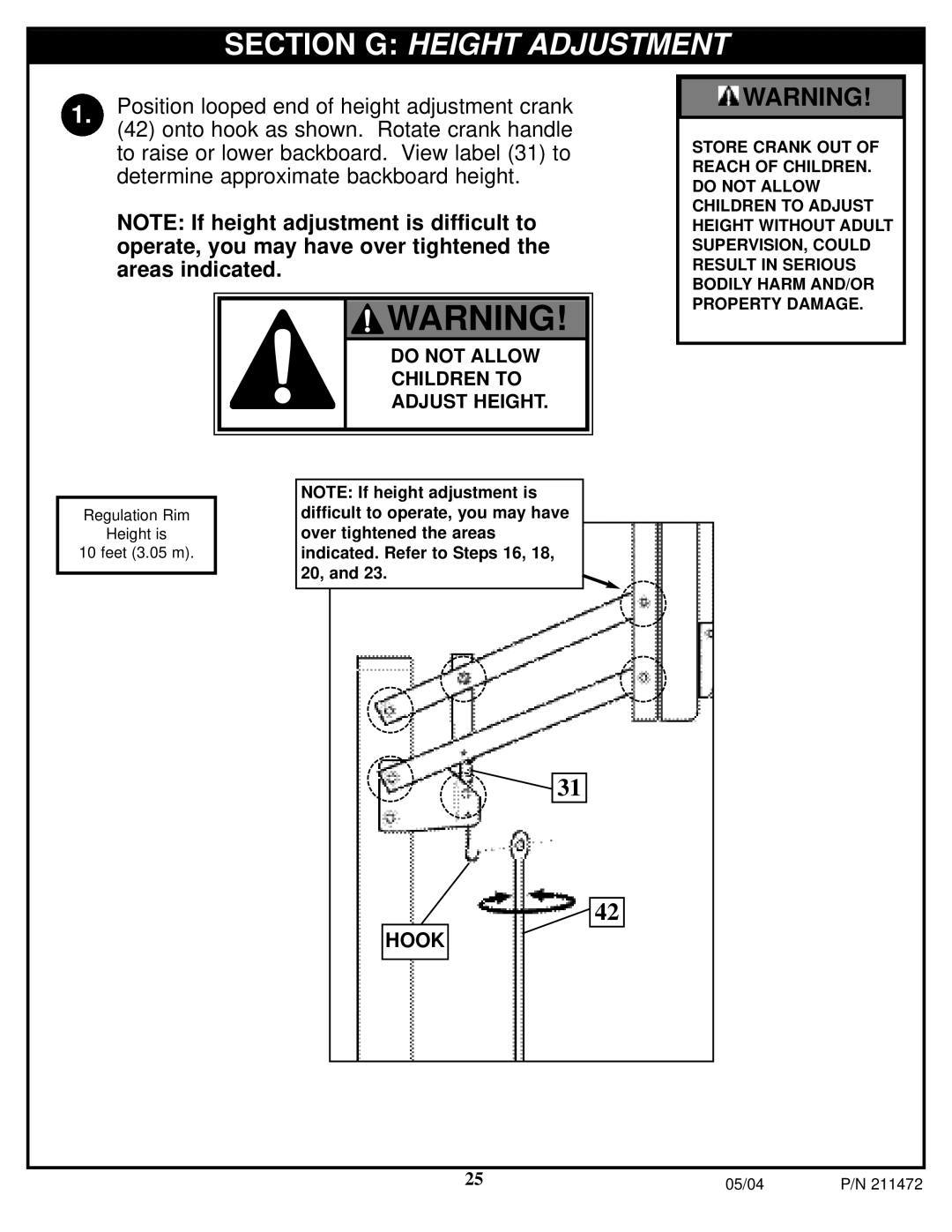 Huffy 11S0057 manual Section G Height Adjustment, Adjust Height 