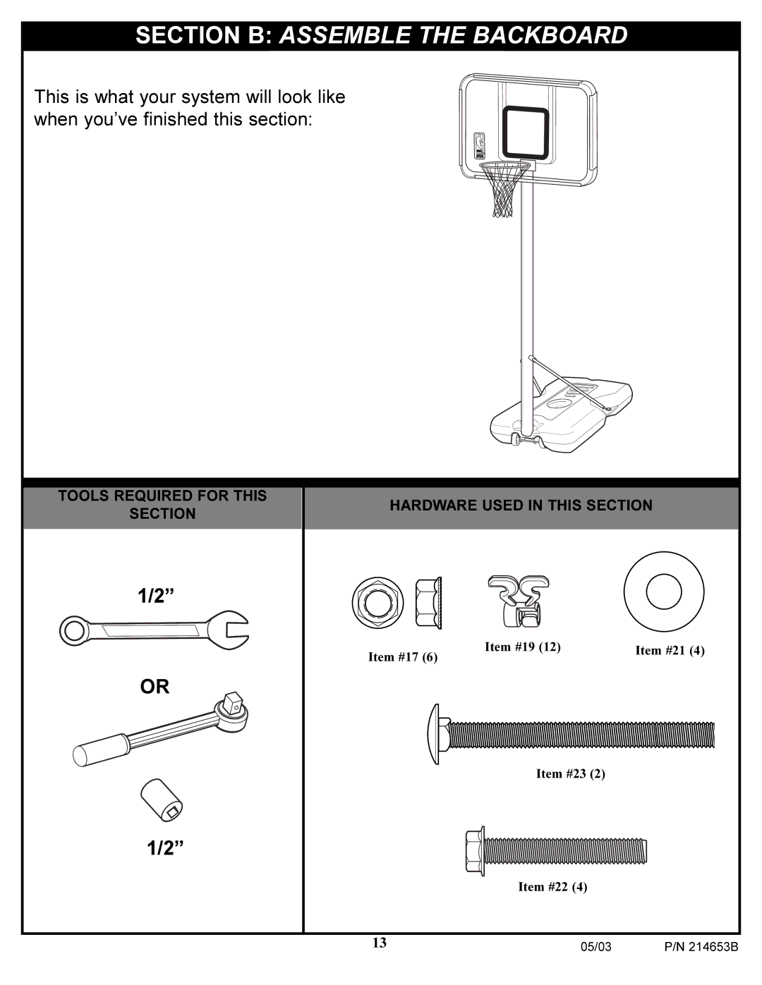 Huffy 1310 manual Section B Assemble the Backboard 