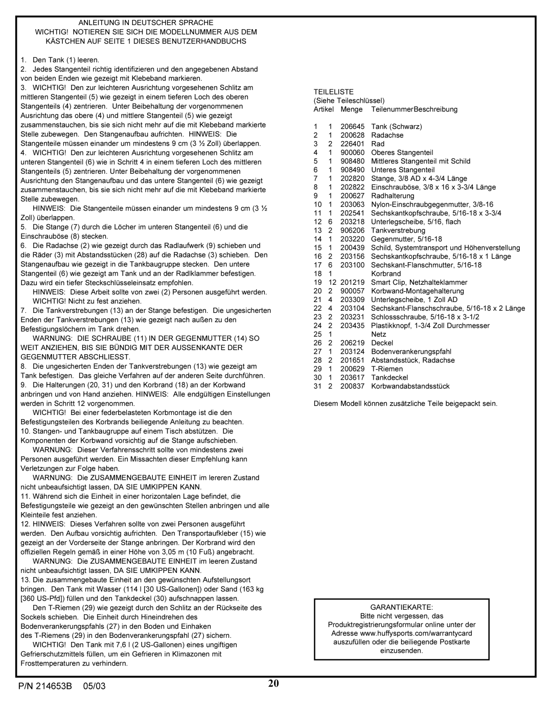 Huffy 1310 manual Teileliste, Garantiekarte 