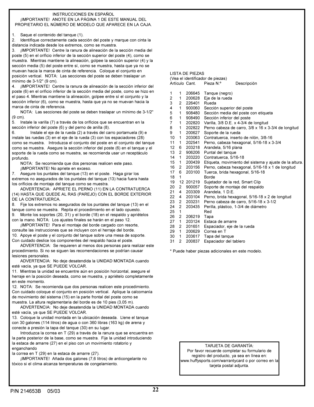 Huffy 1310 manual Lista DE Piezas, Tarjeta DE Garantía 