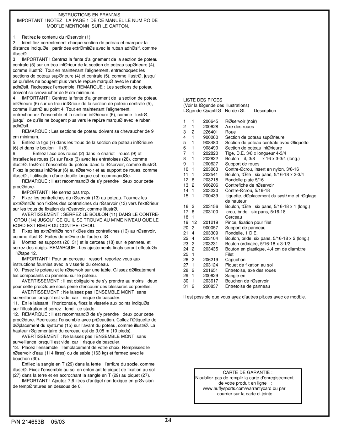 Huffy 1310 manual Liste DES Pièces, Carte DE Garantie 