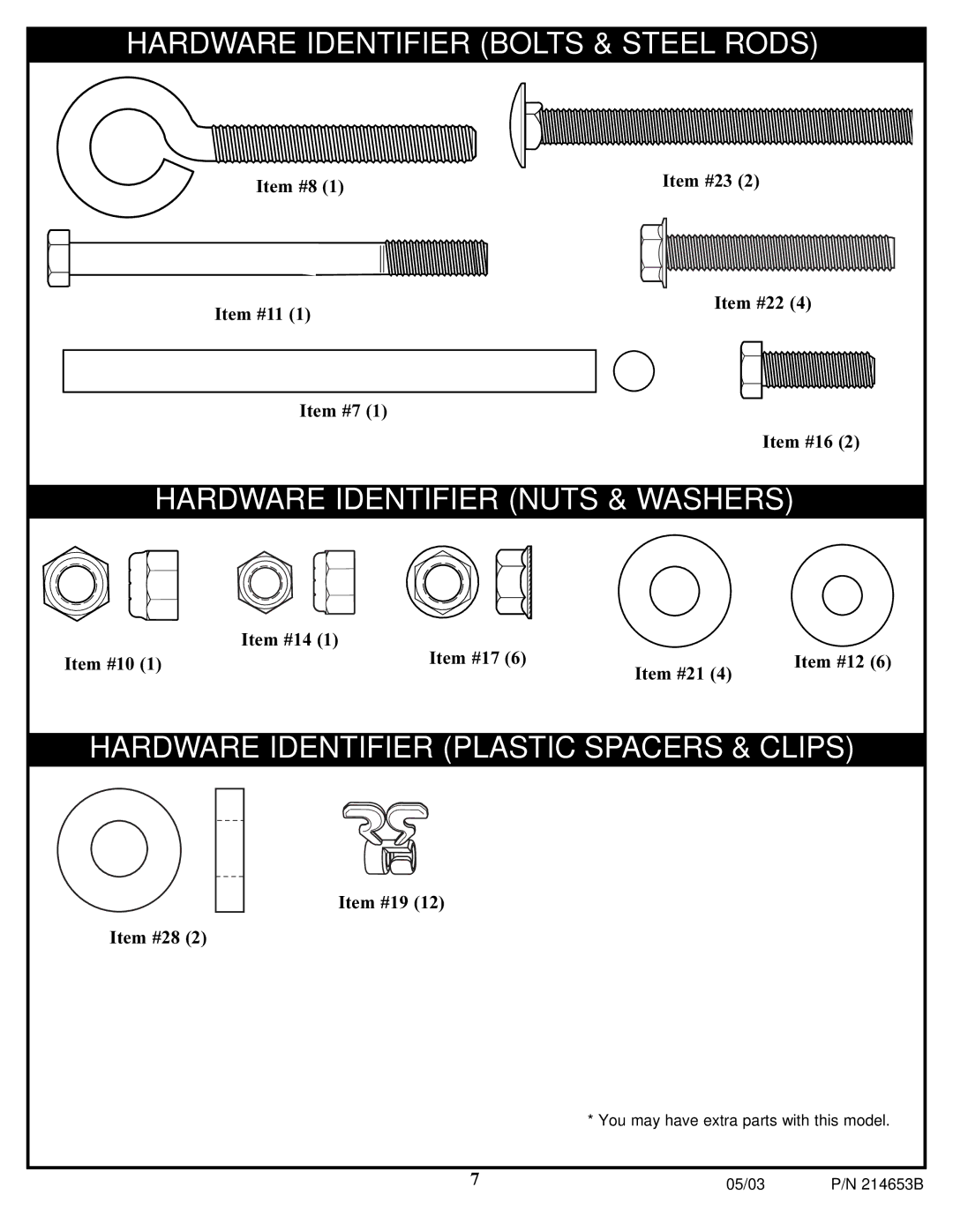 Huffy 1310 manual Hardware Identifier Bolts & Steel Rods 