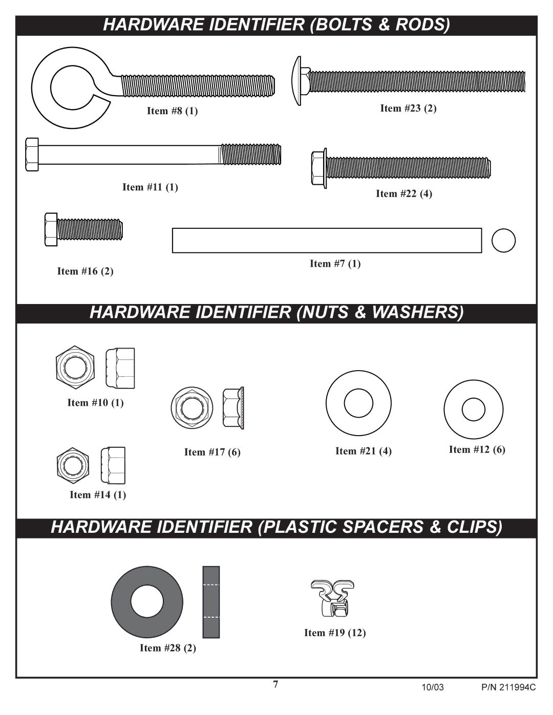 Huffy 1332G manual Hardware Identifier Bolts & Rods 