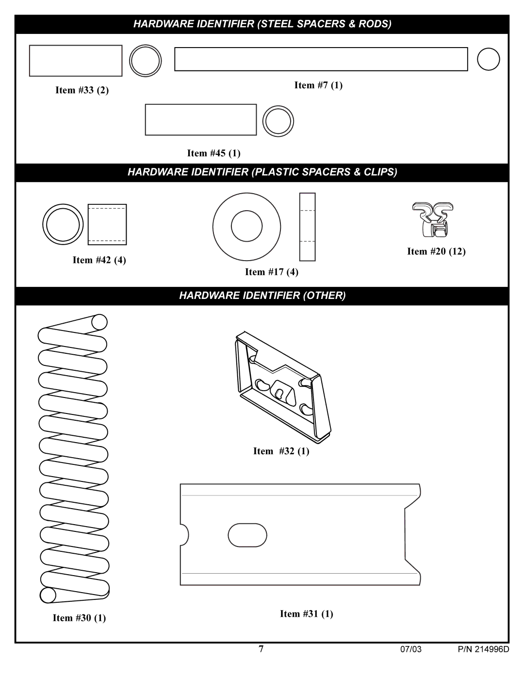 Huffy 15 manual Hardware Identifier Steel Spacers & Rods 