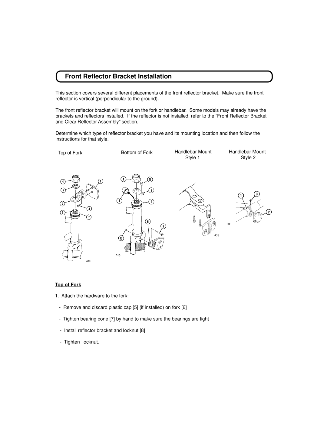 Huffy 1C4880-A01 manual Front Reflector Bracket Installation, Top of Fork 