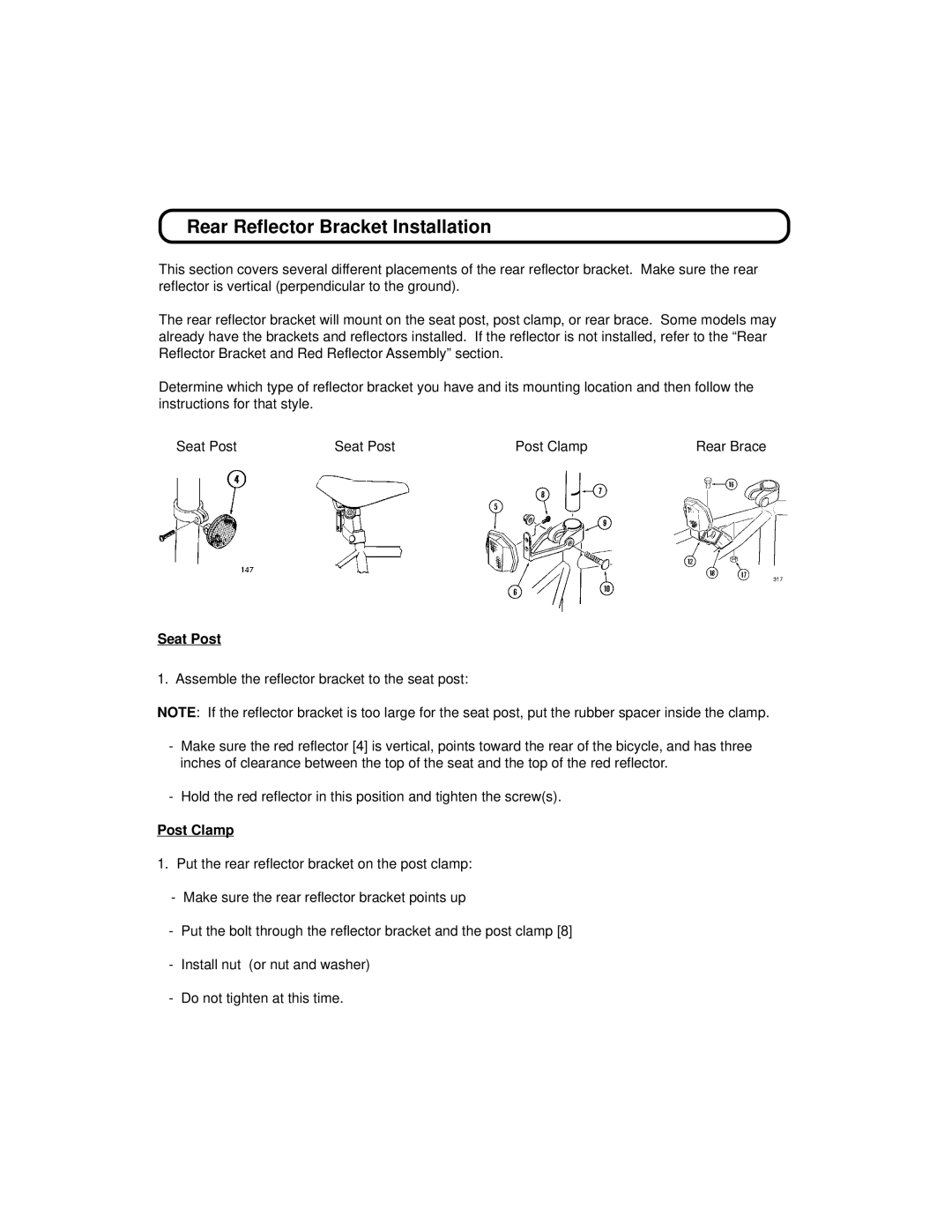 Huffy 1C4880-A01 manual Rear Reflector Bracket Installation, Seat Post, Post Clamp 